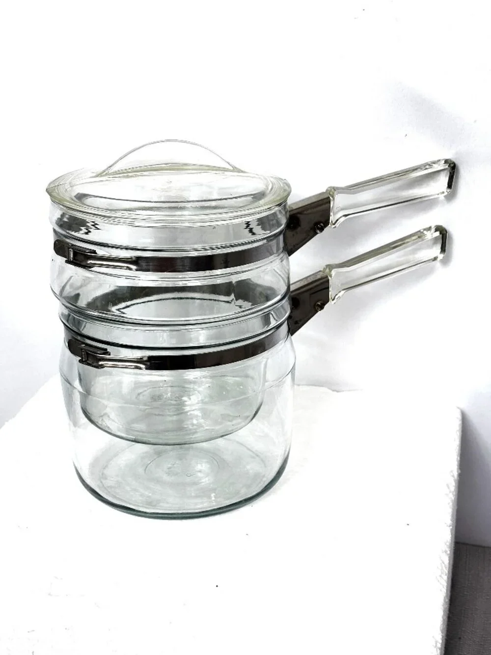 VTG PYREX  Flameware Glass Double Boiler Pot W/ Lid 1.5 Quart Three-Piece Set